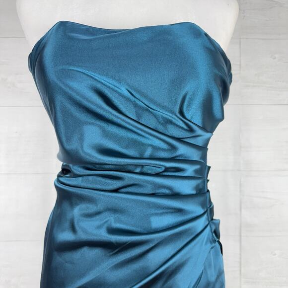 Xscape Strapless Mini Dress Size 4 Teal Satin Drape Wrap Cocktail Homecoming - Picture 3 of 16
